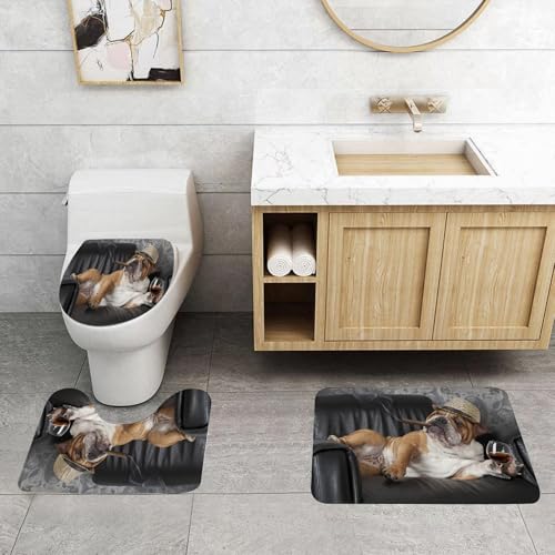 QRFASFZO 3 Stück Badematten und WC Vorleger Microfaser Weiches Badteppich badvorleger rutschfest Waschbar Badezimmerteppich Set,Tier, entspannende Bulldogge lehnt auf Ledersofa, Zigarre im Mund und von QRFASFZO