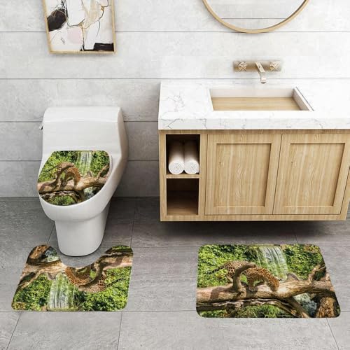 QRFASFZO 3 Stück Badematten und WC Vorleger Microfaser Weiches Badteppich badvorleger rutschfest Waschbar Badezimmerteppich Set,Tier, gefleckter Leopard auf verwitterten Baumstämmen mit Wasserfall u von QRFASFZO