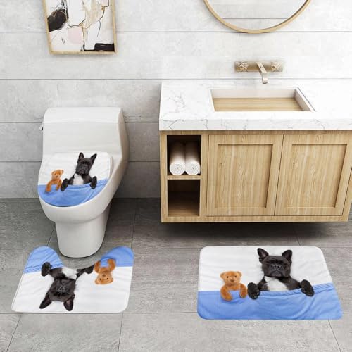 QRFASFZO 3 Stück Badematten und WC Vorleger Microfaser Weiches Badteppich badvorleger rutschfest Waschbar Badezimmerteppich Set,Tierdekor, französische Bulldogge schläft im Bett mit Teddybär dicht b von QRFASFZO