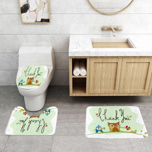 QRFASFZO 3 Stück Badematten und WC Vorleger Microfaser Weiches Badteppich badvorleger rutschfest Waschbar Badezimmerteppich Set,Tierdekoration, pummeliger Vogel, Eule, Spatz und Blumen, Illustration von QRFASFZO
