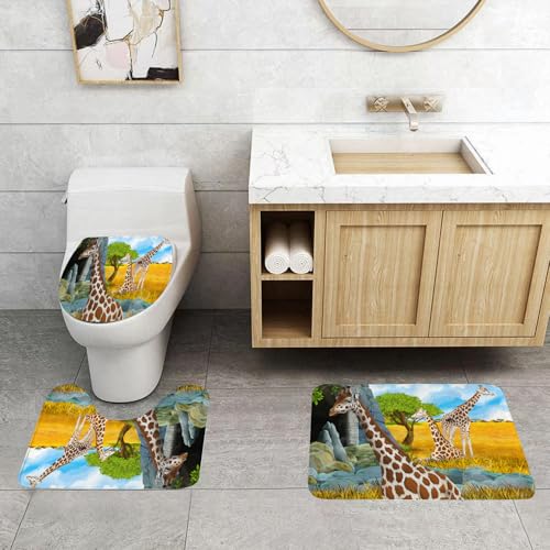 QRFASFZO 3 Stück Badematten und WC Vorleger Microfaser Weiches Badteppich badvorleger rutschfest Waschbar Badezimmerteppich Set,Tiere, eine Gruppe Giraffen auf der sonnigen Wiese, die Sich in die NA von QRFASFZO