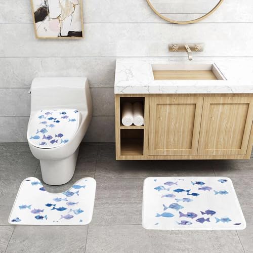 QRFASFZO 3 Stück Badematten und WC Vorleger Microfaser Weiches Badteppich badvorleger rutschfest Waschbar Badezimmerteppich Set,Tiere, süße Fische, Wasserfarben, Ozean, Unterwasserwelt, Mar-Thema, von QRFASFZO
