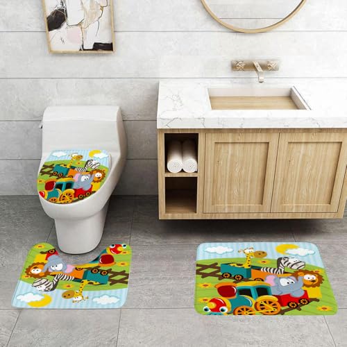 QRFASFZO 3 Stück Badematten und WC Vorleger Microfaser Weiches Badteppich badvorleger rutschfest Waschbar Badezimmerteppich Set,Tiere im Zug - Giraffe, Zebra, Elefant und Löwe auf einem bunten Zug von QRFASFZO