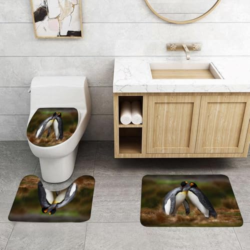 QRFASFZO 3 Stück Badematten und WC Vorleger Microfaser Weiches Badteppich badvorleger rutschfest Waschbar Badezimmerteppich Set,Tierpaar Pinguin kuscheln in der Wilden Natur EIN von QRFASFZO