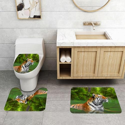 QRFASFZO 3 Stück Badematten und WC Vorleger Microfaser Weiches Badteppich badvorleger rutschfest Waschbar Badezimmerteppich Set,Tiger, große Schwarze sibirische Streifenkatze schwimmt im See im deko von QRFASFZO