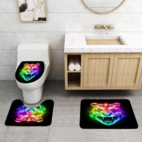 QRFASFZO 3 Stück Badematten und WC Vorleger Microfaser Weiches Badteppich badvorleger rutschfest Waschbar Badezimmerteppich Set,Tiger, mehrfarbige abstrakte Wiedergabe, großes katzenartiges lodernde QRFASFZO 3 Stück Badematten und WC Vorleger Microfaser Weiches Badteppich badvorleger rutschfest Waschbar Badezimmerteppich Set,Tiger, mehrfarbige abstrakte Wiedergabe, großes katzenartiges lodernde von QRFASFZO