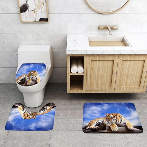 QRFASFZO 3 Stück Badematten und WC Vorleger Microfaser Weiches Badteppich badvorleger rutschfest Waschbar Badezimmerteppich Set,Tiger Sitzt Auf Holz Unter Blauem Himmel Mit Blick Auf Die Tierwelt Un QRFASFZO 3 Stück Badematten und WC Vorleger Microfaser Weiches Badteppich badvorleger rutschfest Waschbar Badezimmerteppich Set,Tiger Sitzt Auf Holz Unter Blauem Himmel Mit Blick Auf Die Tierwelt Un von QRFASFZO