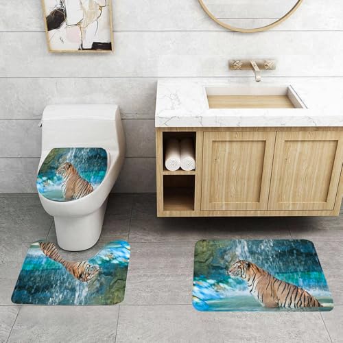 QRFASFZO 3 Stück Badematten und WC Vorleger Microfaser Weiches Badteppich badvorleger rutschfest Waschbar Badezimmerteppich Set,Tiger im Wasserfall, Tiger im Wasserfallspritzer, Tiger im glitzernden von QRFASFZO