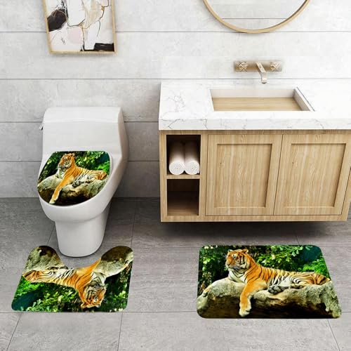 QRFASFZO 3 Stück Badematten und WC Vorleger Microfaser Weiches Badteppich badvorleger rutschfest Waschbar Badezimmerteppich Set,Tigerkönig ruht, Tiger entspannt Sich auf Felsen, Tiger ruht in der Wi QRFASFZO 3 Stück Badematten und WC Vorleger Microfaser Weiches Badteppich badvorleger rutschfest Waschbar Badezimmerteppich Set,Tigerkönig ruht, Tiger entspannt Sich auf Felsen, Tiger ruht in der Wi von QRFASFZO