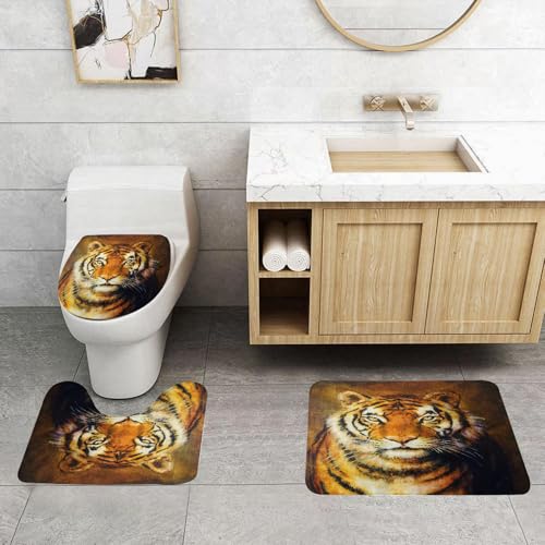 QRFASFZO 3 Stück Badematten und WC Vorleger Microfaser Weiches Badteppich badvorleger rutschfest Waschbar Badezimmerteppich Set,Tigerporträt, majestätisches Tigergemälde, satte Schatten, Kunst ist e von QRFASFZO