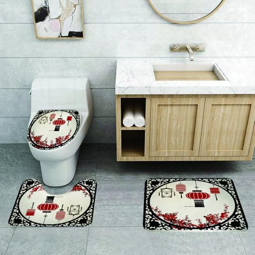 QRFASFZO 3 Stück Badematten und WC Vorleger Microfaser Weiches Badteppich badvorleger rutschfest Waschbar Badezimmerteppich Set,Traditionelles chinesisches Dekor: Rote Laternen und blühende Pflaumen QRFASFZO 3 Stück Badematten und WC Vorleger Microfaser Weiches Badteppich badvorleger rutschfest Waschbar Badezimmerteppich Set,Traditionelles chinesisches Dekor: Rote Laternen und blühende Pflaumen von QRFASFZO