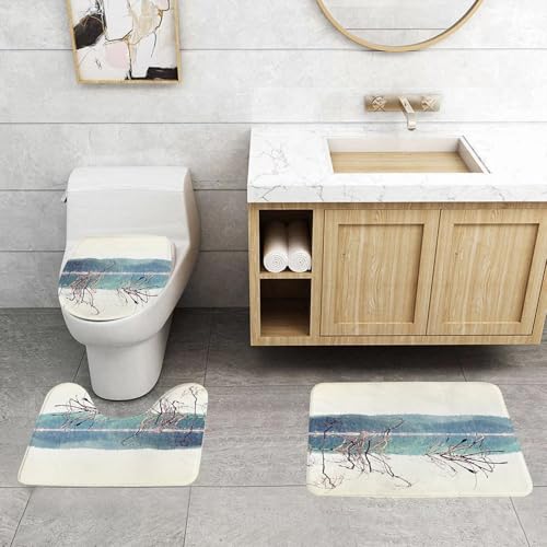 QRFASFZO 3 Stück Badematten und WC Vorleger Microfaser Weiches Badteppich badvorleger rutschfest Waschbar Badezimmerteppich Set,Treibholz, Naturthema umgestürzter AST in der Nähe des Sees von QRFASFZO