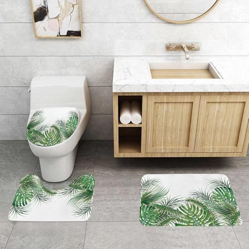 QRFASFZO 3 Stück Badematten und WC Vorleger Microfaser Weiches Badteppich badvorleger rutschfest Waschbar Badezimmerteppich Set,Tropische Palmblätter Monstera Blätter Vektor Blumen- Summer Hintergru von QRFASFZO