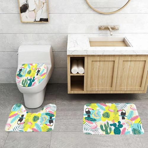 QRFASFZO 3 Stück Badematten und WC Vorleger Microfaser Weiches Badteppich badvorleger rutschfest Waschbar Badezimmerteppich Set,Tropische Vögel, Kakteen und exotische Blätter, lebendige Mischung aus von QRFASFZO