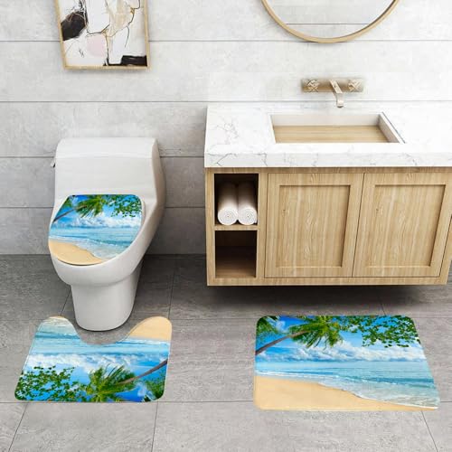 QRFASFZO 3 Stück Badematten und WC Vorleger Microfaser Weiches Badteppich badvorleger rutschfest Waschbar Badezimmerteppich Set,Tropischer Strand Palmen, Blauer Sand und abfallende Kokospalmen, Idyl von QRFASFZO