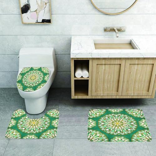 QRFASFZO 3 Stück Badematten und WC Vorleger Microfaser Weiches Badteppich badvorleger rutschfest Waschbar Badezimmerteppich Set,Türkis, rundes ethnisches Muster mit smaragdgrünen Mandala-Elementen, von QRFASFZO
