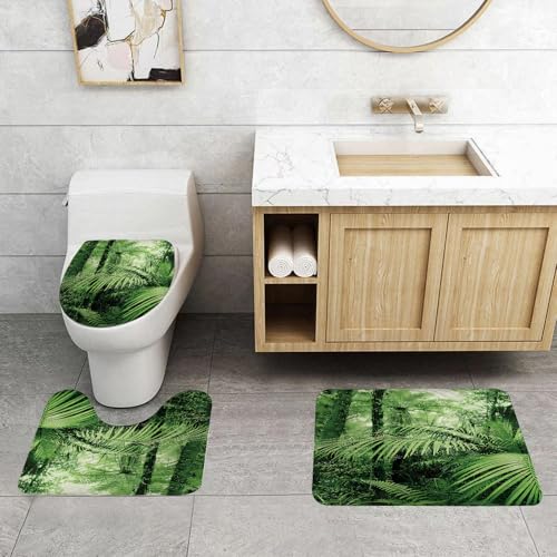 QRFASFZO 3 Stück Badematten und WC Vorleger Microfaser Weiches Badteppich badvorleger rutschfest Waschbar Badezimmerteppich Set,Üppiger tropischer Dschungel mit dichten grünen Blättern, hoch aufrage von QRFASFZO