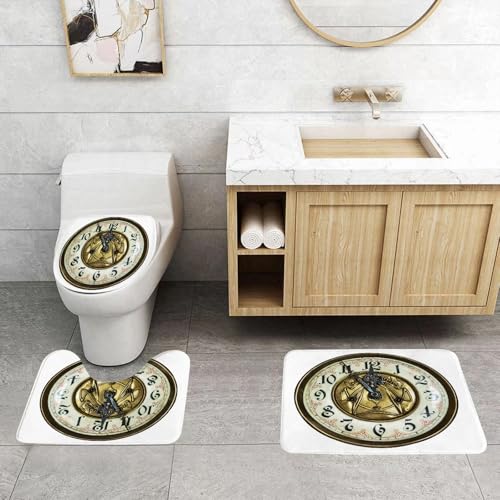 QRFASFZO 3 Stück Badematten und WC Vorleger Microfaser Weiches Badteppich badvorleger rutschfest Waschbar Badezimmerteppich Set,Uhrendekoration, Vintage-Uhr mit aufwendigen goldenen Details und einz von QRFASFZO