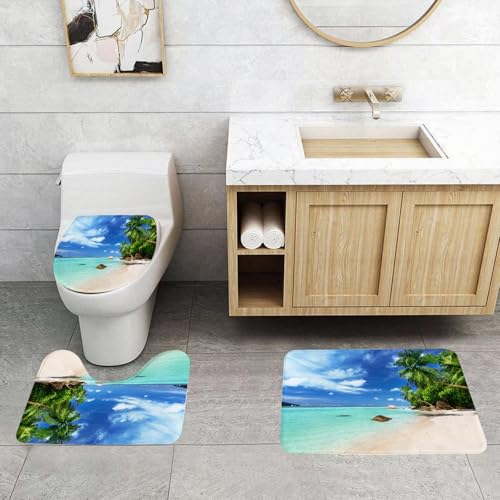 QRFASFZO 3 Stück Badematten und WC Vorleger Microfaser Weiches Badteppich badvorleger rutschfest Waschbar Badezimmerteppich Set,Urlaub, Asiatische Meereslandschaft Natur Entspannung Bild Idyllischer von QRFASFZO