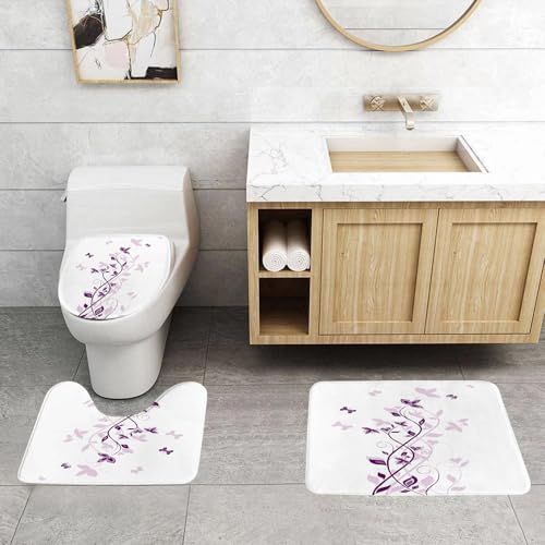 QRFASFZO 3 Stück Badematten und WC Vorleger Microfaser Weiches Badteppich badvorleger rutschfest Waschbar Badezimmerteppich Set,Veilchenbaum, Veilchen, Perser, Fliederblüten mit Schmetterling, Zierp von QRFASFZO