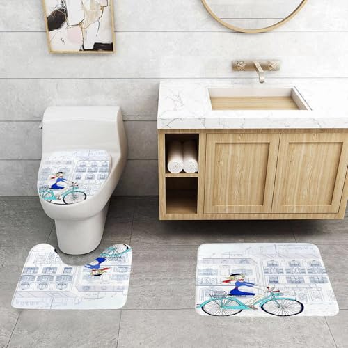 QRFASFZO 3 Stück Badematten und WC Vorleger Microfaser Weiches Badteppich badvorleger rutschfest Waschbar Badezimmerteppich Set,Vektor-Illustration Einer Frau, die in Paris Fahrrad fährt von QRFASFZO