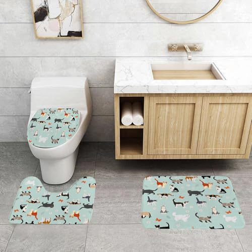 QRFASFZO 3 Stück Badematten und WC Vorleger Microfaser Weiches Badteppich badvorleger rutschfest Waschbar Badezimmerteppich Set,Vektor nahtloses Muster mit Katzen und Blumen von QRFASFZO