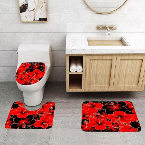 QRFASFZO 3 Stück Badematten und WC Vorleger Microfaser Weiches Badteppich badvorleger rutschfest Waschbar Badezimmerteppich Set,Vektor niedliches Muster in schwarzen und roten Hibiskusblüten. Kleine QRFASFZO 3 Stück Badematten und WC Vorleger Microfaser Weiches Badteppich badvorleger rutschfest Waschbar Badezimmerteppich Set,Vektor niedliches Muster in schwarzen und roten Hibiskusblüten. Kleine von QRFASFZO