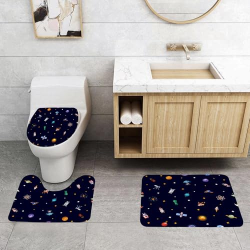 QRFASFZO 3 Stück Badematten und WC Vorleger Microfaser Weiches Badteppich badvorleger rutschfest Waschbar Badezimmerteppich Set,Vektormuster aus Weltraumsymbolen und Infografik-Elementen von QRFASFZO