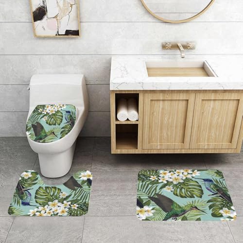 QRFASFZO 3 Stück Badematten und WC Vorleger Microfaser Weiches Badteppich badvorleger rutschfest Waschbar Badezimmerteppich Set,Vektornahtlose Illustration des Paradieses und der tropischen Vögel in von QRFASFZO