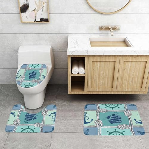 QRFASFZO 3 Stück Badematten und WC Vorleger Microfaser Weiches Badteppich badvorleger rutschfest Waschbar Badezimmerteppich Set,Verwendung von Seilen, Booten und Meeressymbolen，Verflochtene Seile fü von QRFASFZO
