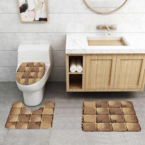 QRFASFZO 3 Stück Badematten und WC Vorleger Microfaser Weiches Badteppich badvorleger rutschfest Waschbar Badezimmerteppich Set,Verwitterte Kopfsteinpflasterstraßenstruktur, ältere und schäbige Stei von QRFASFZO