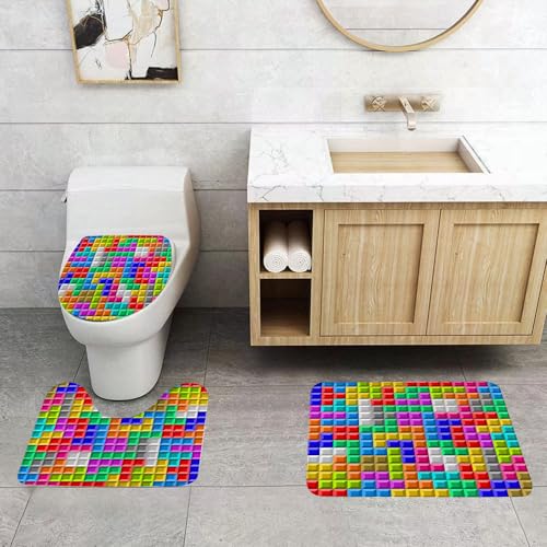 QRFASFZO 3 Stück Badematten und WC Vorleger Microfaser Weiches Badteppich badvorleger rutschfest Waschbar Badezimmerteppich Set,Videospiele, Bunte Retro-Gaming-Computer-Ziegelsteine Bild von QRFASFZO