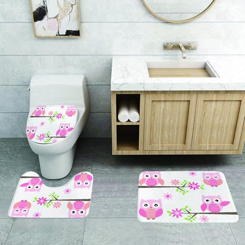 QRFASFZO 3 Stück Badematten und WC Vorleger Microfaser Weiches Badteppich badvorleger rutschfest Waschbar Badezimmerteppich Set,Vier süße rosa Eulen auf den Zweigen, begleitet von wunderschönen rosa von QRFASFZO