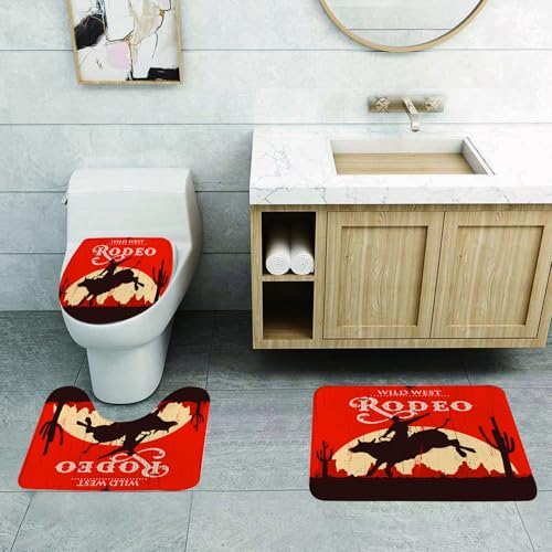 QRFASFZO 3 Stück Badematten und WC Vorleger Microfaser Weiches Badteppich badvorleger rutschfest Waschbar Badezimmerteppich Set,Vintage, Rodeo Cowboy Reiten Holz Bulle alte Zeichen Western-Stil Wild von QRFASFZO