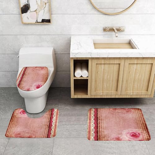QRFASFZO 3 Stück Badematten und WC Vorleger Microfaser Weiches Badteppich badvorleger rutschfest Waschbar Badezimmerteppich Set,Vintage-Spitzenbordüre mit rosa Rosenmuster und Rahmen im Retro-Stil QRFASFZO 3 Stück Badematten und WC Vorleger Microfaser Weiches Badteppich badvorleger rutschfest Waschbar Badezimmerteppich Set,Vintage-Spitzenbordüre mit rosa Rosenmuster und Rahmen im Retro-Stil von QRFASFZO