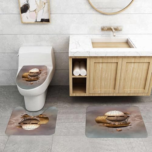 QRFASFZO 3 Stück Badematten und WC Vorleger Microfaser Weiches Badteppich badvorleger rutschfest Waschbar Badezimmerteppich Set,Vintage Steampunk Luftschiff - 3D-Illustration von QRFASFZO
