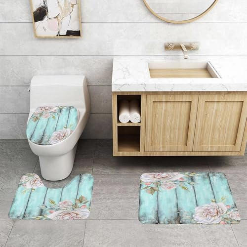 QRFASFZO 3 Stück Badematten und WC Vorleger Microfaser Weiches Badteppich badvorleger rutschfest Waschbar Badezimmerteppich Set,Vintage Türkis Holzhintergrund mit weißen Rosensträußen von QRFASFZO