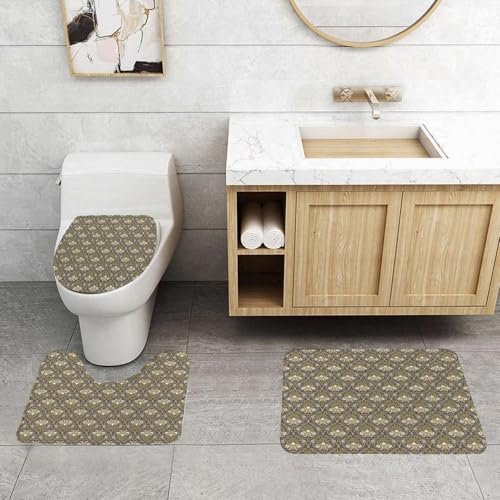 QRFASFZO 3 Stück Badematten und WC Vorleger Microfaser Weiches Badteppich badvorleger rutschfest Waschbar Badezimmerteppich Set,Vintage traditionelles Muster Klassisch, reiche Ornamente auf Grau von QRFASFZO
