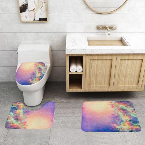QRFASFZO 3 Stück Badematten und WC Vorleger Microfaser Weiches Badteppich badvorleger rutschfest Waschbar Badezimmerteppich Set,Violett, Aquarell-Stil, Frühlingseffekt, Kirschblüte, von QRFASFZO
