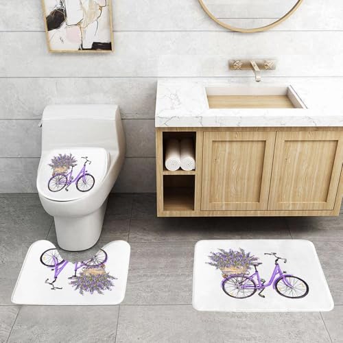QRFASFZO 3 Stück Badematten und WC Vorleger Microfaser Weiches Badteppich badvorleger rutschfest Waschbar Badezimmerteppich Set,Violettes Fahrrad mit Lavendelblütenstrauß im Korb. von QRFASFZO