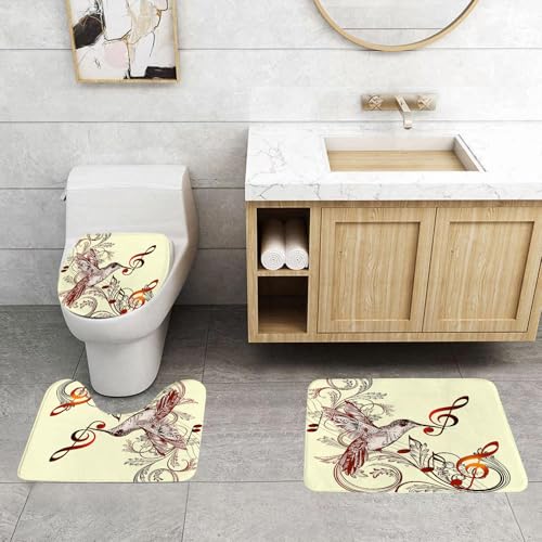 QRFASFZO 3 Stück Badematten und WC Vorleger Microfaser Weiches Badteppich badvorleger rutschfest Waschbar Badezimmerteppich Set,Vogelkunst, Kolibri, umgeben von Noten und verzierten Schnörkeln, die von QRFASFZO