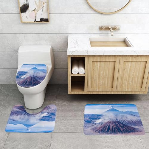 QRFASFZO 3 Stück Badematten und WC Vorleger Microfaser Weiches Badteppich badvorleger rutschfest Waschbar Badezimmerteppich Set,Vulkan, Bromo Batok und Semeru Vulkane Java Island Indonesien Magma Ak von QRFASFZO