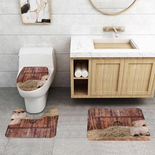 QRFASFZO 3 Stück Badematten und WC Vorleger Microfaser Weiches Badteppich badvorleger rutschfest Waschbar Badezimmerteppich Set,Wagenrad aus Scheunenholz, Holzwand der Scheune, Heubriketts, eine Wei QRFASFZO 3 Stück Badematten und WC Vorleger Microfaser Weiches Badteppich badvorleger rutschfest Waschbar Badezimmerteppich Set,Wagenrad aus Scheunenholz, Holzwand der Scheune, Heubriketts, eine Wei von QRFASFZO