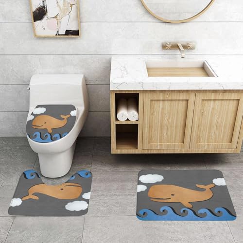 QRFASFZO 3 Stück Badematten und WC Vorleger Microfaser Weiches Badteppich badvorleger rutschfest Waschbar Badezimmerteppich Set,Wal, Holzpapier wie EIN gestalteter Wal in der Luft mit einem papierba von QRFASFZO