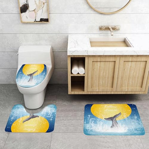 QRFASFZO 3 Stück Badematten und WC Vorleger Microfaser Weiches Badteppich badvorleger rutschfest Waschbar Badezimmerteppich Set,Wal, Walschwanz im Ozean im Mondlicht von QRFASFZO