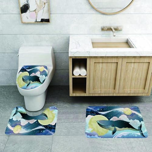 QRFASFZO 3 Stück Badematten und WC Vorleger Microfaser Weiches Badteppich badvorleger rutschfest Waschbar Badezimmerteppich Set,Wal-Dekor, Cartoon-Stil, riesiger Wal fliegt über Nachtwolken mit ande von QRFASFZO