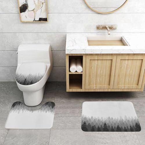 QRFASFZO 3 Stück Badematten und WC Vorleger Microfaser Weiches Badteppich badvorleger rutschfest Waschbar Badezimmerteppich Set,Wald, Wildnis-Muster mit vielen Bäumen Natur Panorama Monochrome Wälde von QRFASFZO