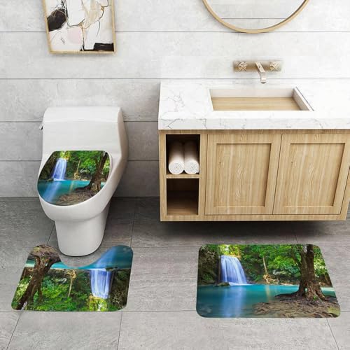 QRFASFZO 3 Stück Badematten und WC Vorleger Microfaser Weiches Badteppich badvorleger rutschfest Waschbar Badezimmerteppich Set,Waldset, Wasserfall Asien Thailand Dschungel Tropische Pflanzen Bäume von QRFASFZO