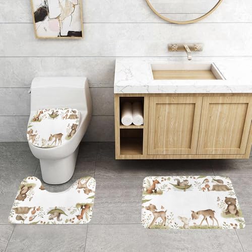 QRFASFZO 3 Stück Badematten und WC Vorleger Microfaser Weiches Badteppich badvorleger rutschfest Waschbar Badezimmerteppich Set,Waldtiere Aquarell Wald Illustration Baby von QRFASFZO