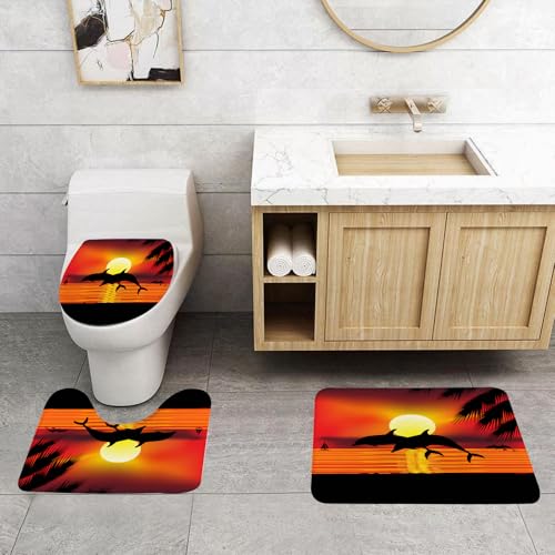 QRFASFZO 3 Stück Badematten und WC Vorleger Microfaser Weiches Badteppich badvorleger rutschfest Waschbar Badezimmerteppich Set,Wale, Zwei Delfine im Meer bei Sonnenuntergang mit Palmblättern, Roma- von QRFASFZO